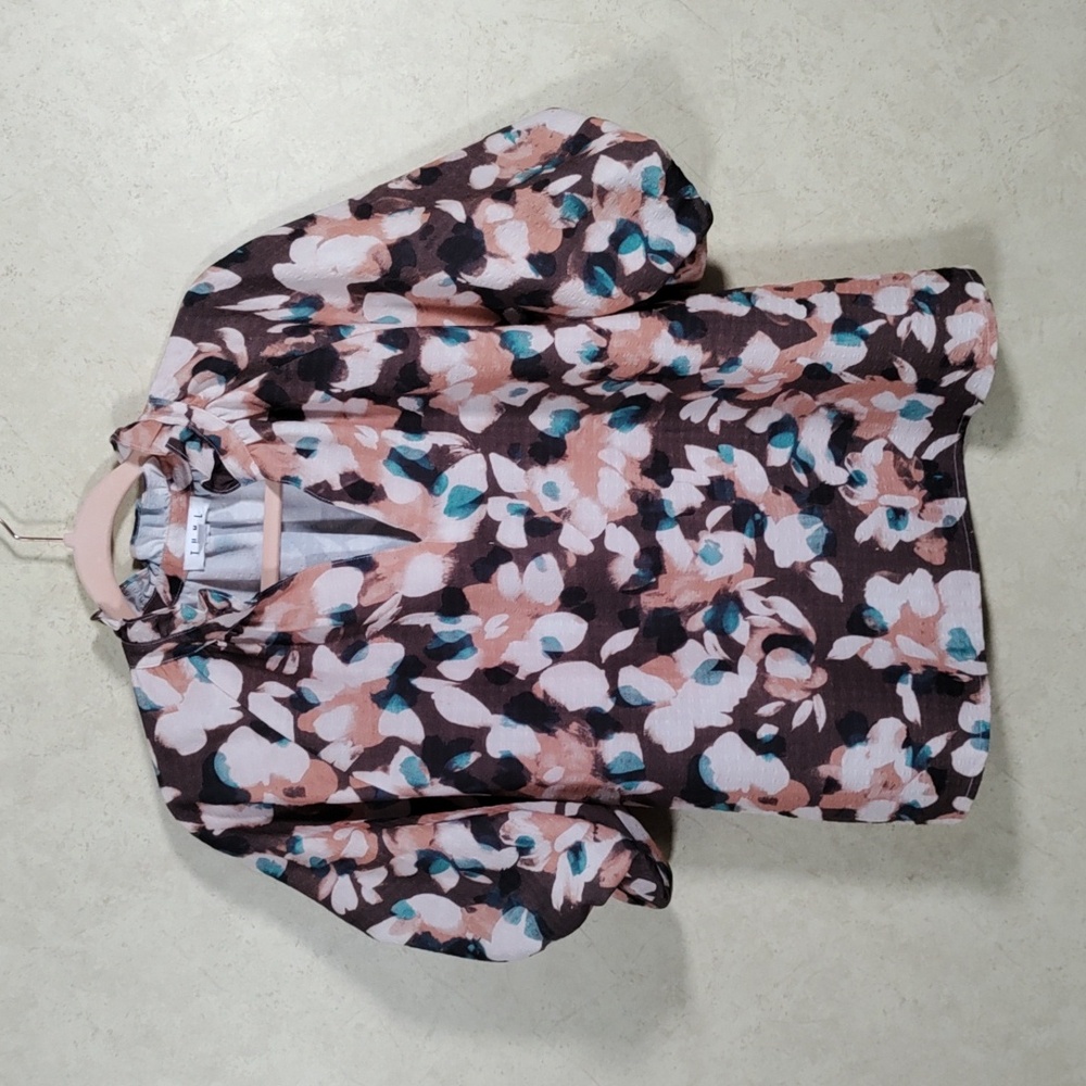 THML Floral Puff Sleeve Blouse in Brown, Blush & Teal